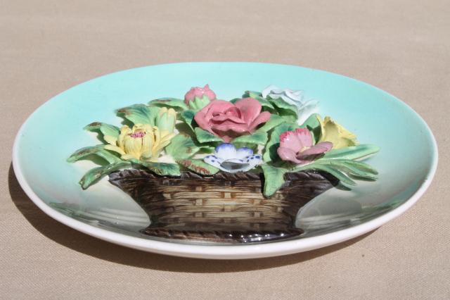 photo of vintage ceramic wall hanging plaque, flower basket plate w/ little china flowers #6