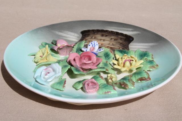 photo of vintage ceramic wall hanging plaque, flower basket plate w/ little china flowers #7