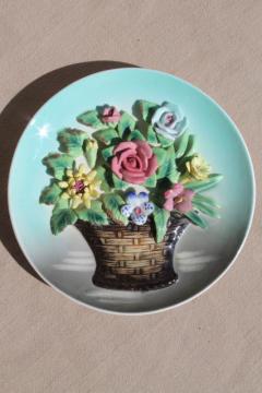 catalog photo of vintage ceramic wall hanging plaque, flower basket plate w/ little china flowers