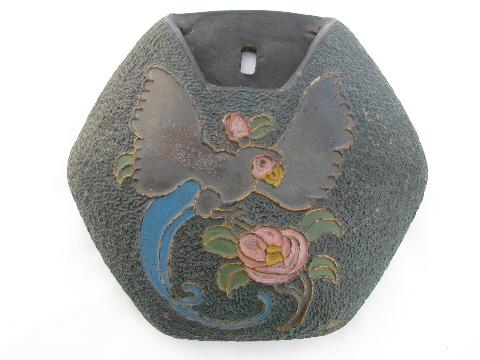 photo of vintage ceramic wall pocket, art noveau flowers w/ parrot #1