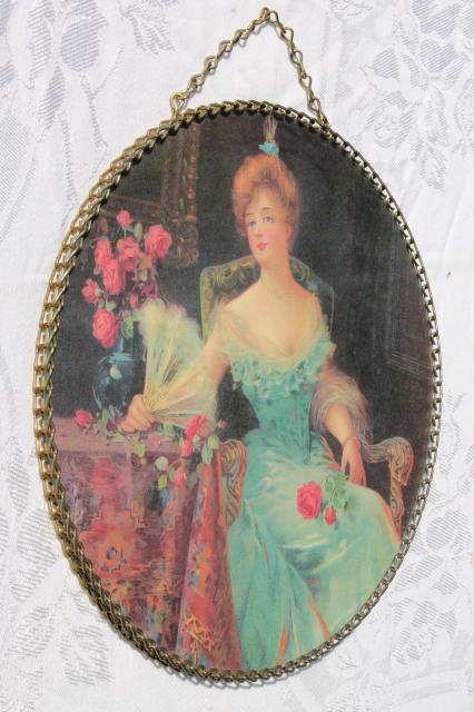 photo of vintage chain frame round picture, wall hanging flue cover w/ pretty lady portrait #2