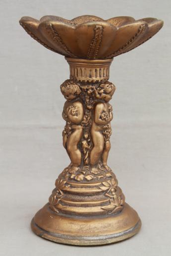 photo of vintage chalkware candle pillar w/ gold angels, country French / Italian renaissance style #1