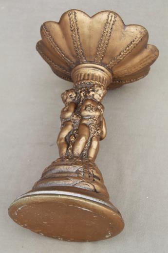 photo of vintage chalkware candle pillar w/ gold angels, country French / Italian renaissance style #8