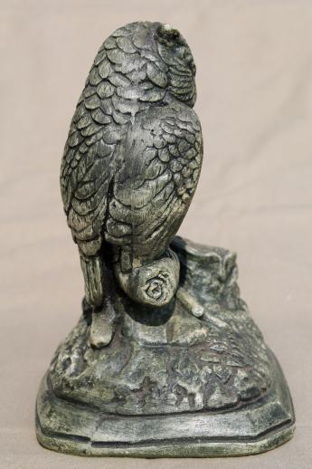 photo of vintage chalkware owls, rustic grey 'stone' gothic cemetery crypt Halloween statue #2