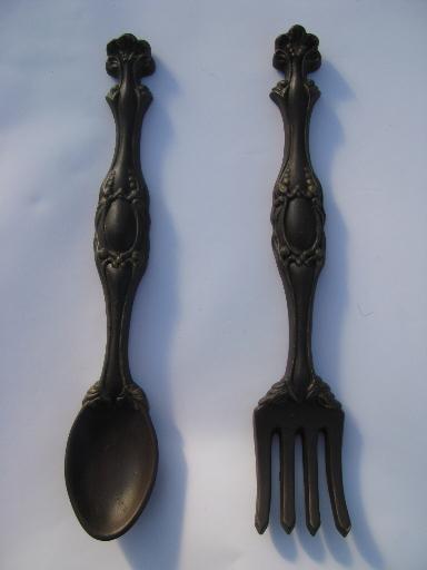 photo of vintage chalkware plaques, big fork and spoon for retro kitchen wall art #1