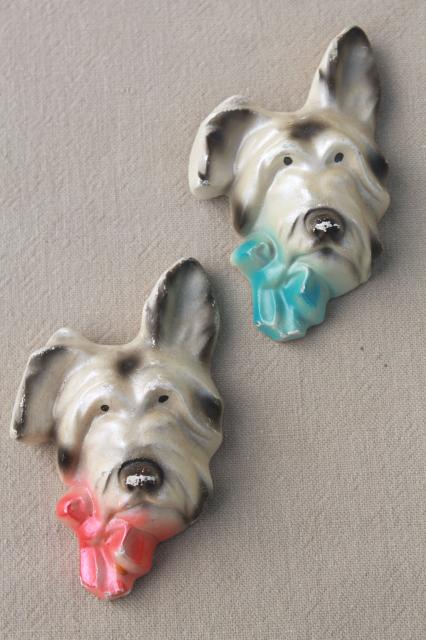 photo of vintage chalkware terriers, pair of terrier dog wall plaques w/ pink & blue bows #1