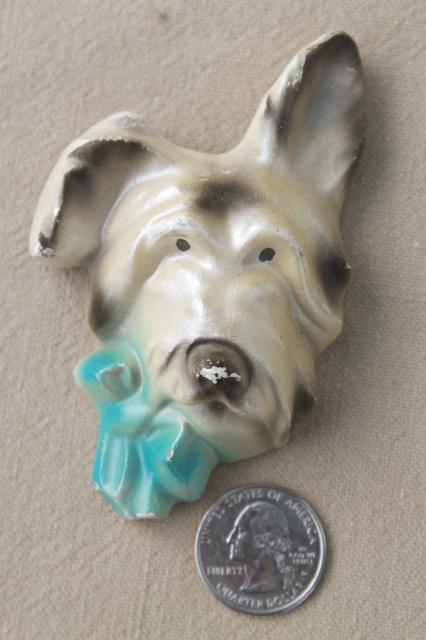 photo of vintage chalkware terriers, pair of terrier dog wall plaques w/ pink & blue bows #3