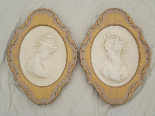 photo of vintage chalkware wall art plaques, cameos of young ladies framed in antique gold #1