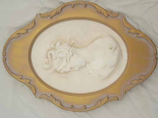 photo of vintage chalkware wall art plaques, cameos of young ladies framed in antique gold #2