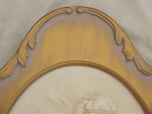 photo of vintage chalkware wall art plaques, cameos of young ladies framed in antique gold #4