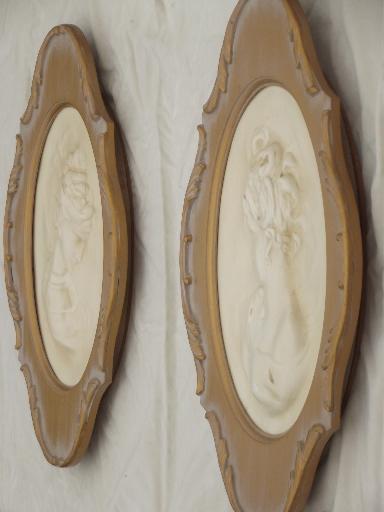 photo of vintage chalkware wall art plaques, cameos of young ladies framed in antique gold #6