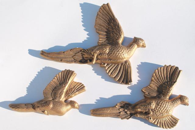 photo of vintage chalkware wall art plaques, set of gold pheasants game birds flying #1