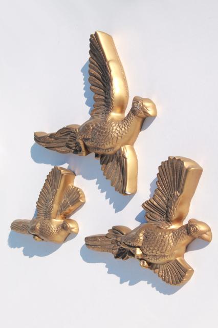 photo of vintage chalkware wall art plaques, set of gold pheasants game birds flying #3