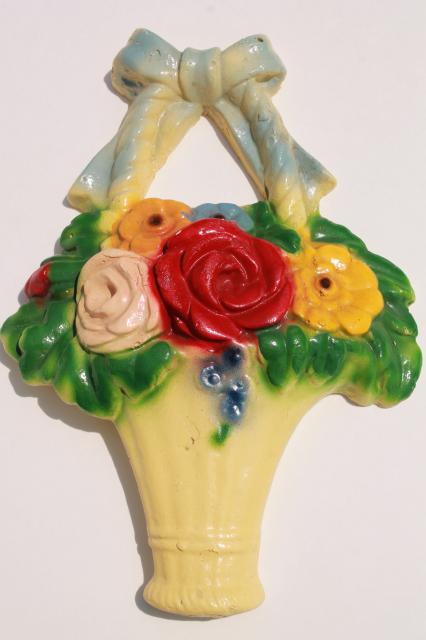 photo of vintage chalkware wall hanging art plaque, flower basket w/ bright painted flowers #1