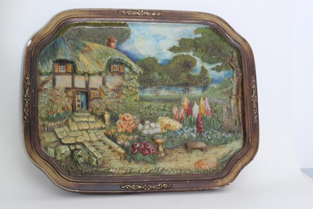 photo of vintage chalkware wall plaque picture, English country cottage thatched Tudor garden flowers #1