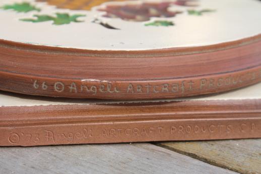 photo of vintage chalkware wall plaques - wood grain kitchen boards & bright fruit, 'carved' birds #4