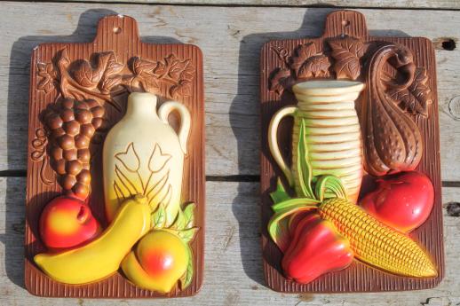 photo of vintage chalkware wall plaques - wood grain kitchen boards & bright fruit, 'carved' birds #5