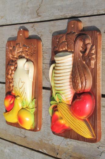 photo of vintage chalkware wall plaques - wood grain kitchen boards & bright fruit, 'carved' birds #6