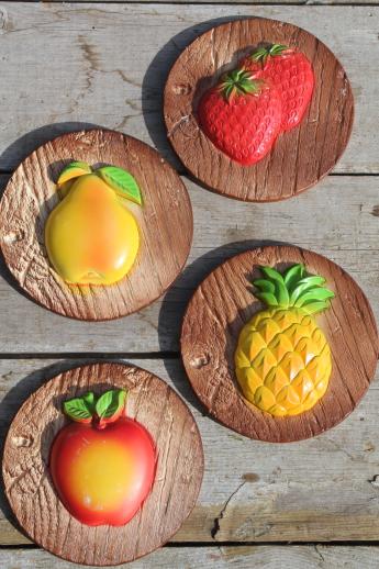 photo of vintage chalkware wall plaques - wood grain kitchen boards & bright fruit, 'carved' birds #7