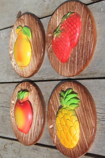 photo of vintage chalkware wall plaques - wood grain kitchen boards & bright fruit, 'carved' birds #8