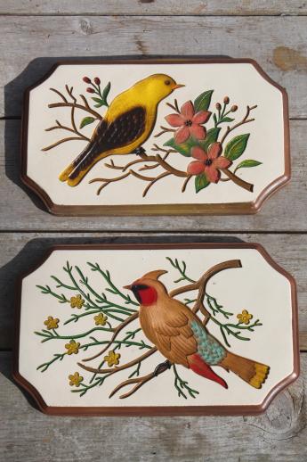 photo of vintage chalkware wall plaques - wood grain kitchen boards & bright fruit, 'carved' birds #9