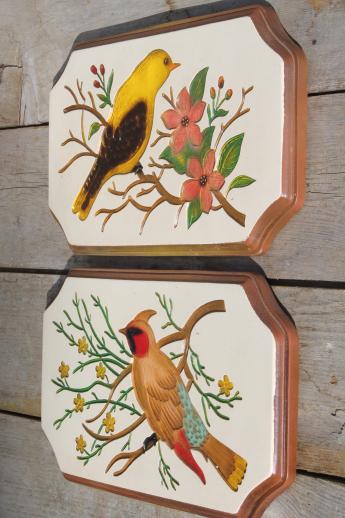 photo of vintage chalkware wall plaques - wood grain kitchen boards & bright fruit, 'carved' birds #10