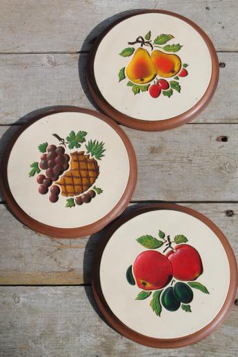 photo of vintage chalkware wall plaques - wood grain kitchen boards & bright fruit, 'carved' birds #11