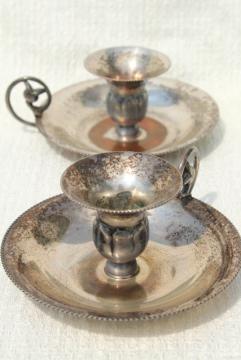 catalog photo of vintage chamber candlesticks silver over copper, Queens Art Pewter silverplate