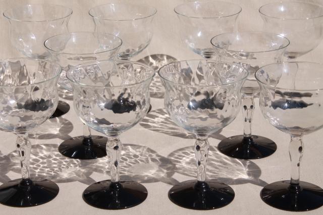 photo of vintage champagne glasses, Weston crystal clear optic pattern glasses w/ black glass foot #1