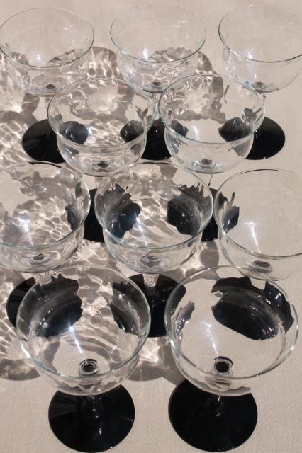 photo of vintage champagne glasses, Weston crystal clear optic pattern glasses w/ black glass foot #6