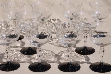 catalog photo of vintage champagne glasses, Weston crystal clear optic pattern glasses w/ black glass foot