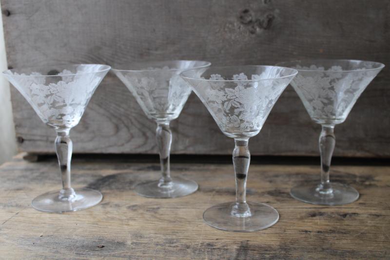 photo of vintage champagne glasses, etched rose elegant glass Morgantown Picardy Richelieu #1