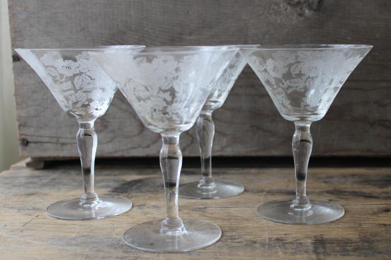 photo of vintage champagne glasses, etched rose elegant glass Morgantown Picardy Richelieu #4