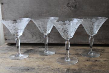 vintage champagne glasses, etched rose elegant glass Morgantown Picardy Richelieu