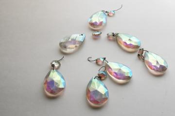 catalog photo of vintage chandelier or lamp prisms, glass teardrops with aurora borealis luster 