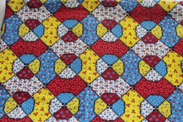 photo of vintage cheater quilt patchwork cotton fabric, bright calico button quilt blocks print