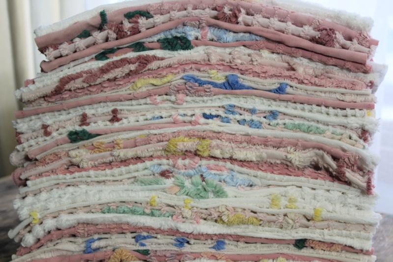 photo of vintage chenille bedspread fabric, quilt blocks project pieces for sewing or upcycling #1