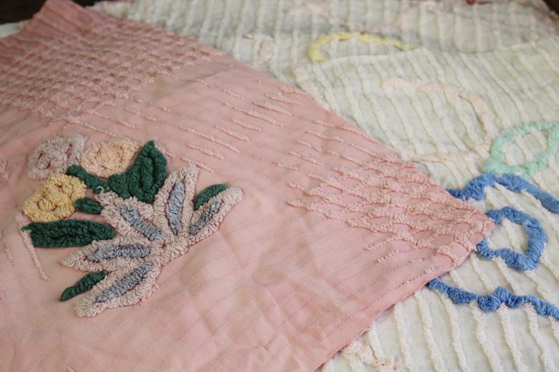 photo of vintage chenille bedspread fabric, quilt blocks project pieces for sewing or upcycling #3