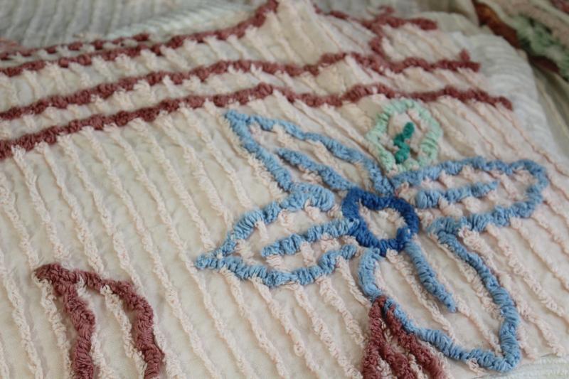 photo of vintage chenille bedspread fabric, quilt blocks project pieces for sewing or upcycling #6