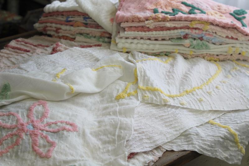 photo of vintage chenille bedspread fabric, quilt blocks project pieces for sewing or upcycling #11