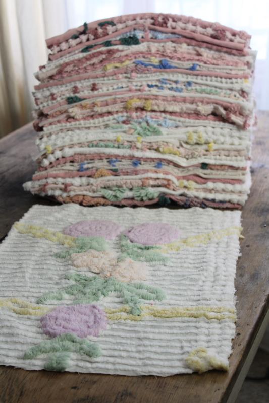 photo of vintage chenille bedspread fabric, quilt blocks project pieces for sewing or upcycling #12