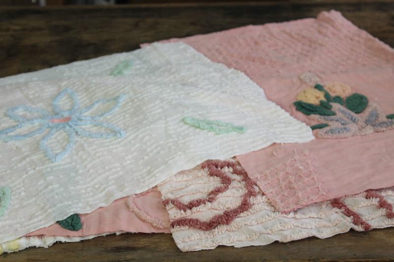 photo of vintage chenille bedspread fabric, quilt blocks project pieces for sewing or upcycling #16