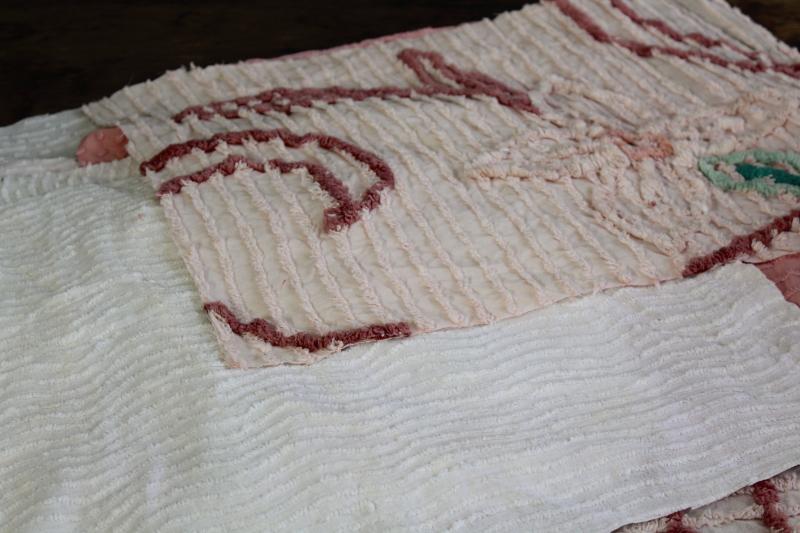 photo of vintage chenille bedspread fabric, quilt blocks project pieces for sewing or upcycling #19