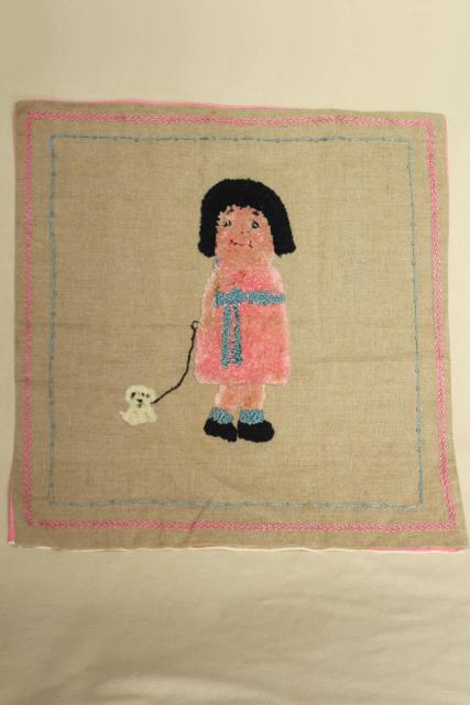 photo of vintage chenille embroidery pillow cover, little girl & puppy dog, quirky cute! #1