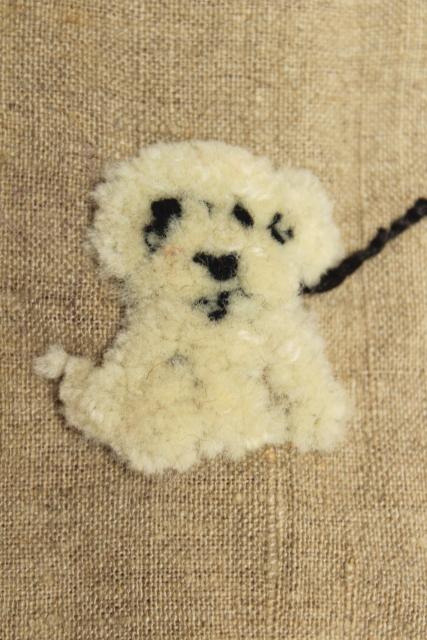 photo of vintage chenille embroidery pillow cover, little girl & puppy dog, quirky cute! #3