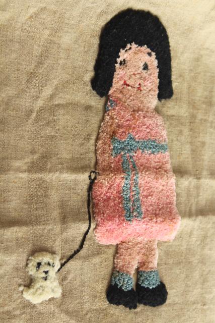 photo of vintage chenille embroidery pillow cover, little girl & puppy dog, quirky cute! #7