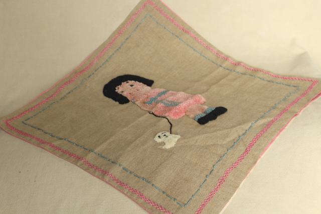 photo of vintage chenille embroidery pillow cover, little girl & puppy dog, quirky cute! #9