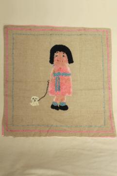 catalog photo of vintage chenille embroidery pillow cover, little girl & puppy dog, quirky cute!