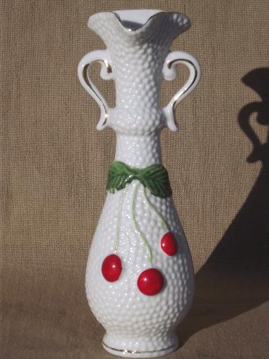 photo of vintage cherries china bud vase w/ hand-painted cherry bunch red & white #1