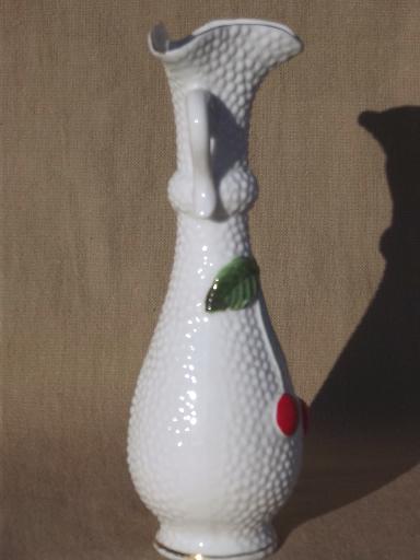 photo of vintage cherries china bud vase w/ hand-painted cherry bunch red & white #2